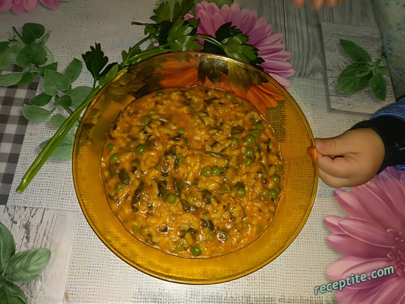 Снимки към Ориз със спанак и грах